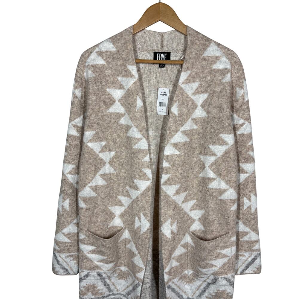 NEW! Frye The Cozy Cardigan Tan Duster Pockets Soft Print Casual Knit - S - Picture 2 of 7